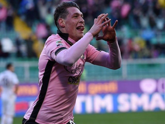 Andrea Belotti of Palermo celebrates after scoring his team's second goal during the Serie A match against Hellas Verona on February 1, 2015