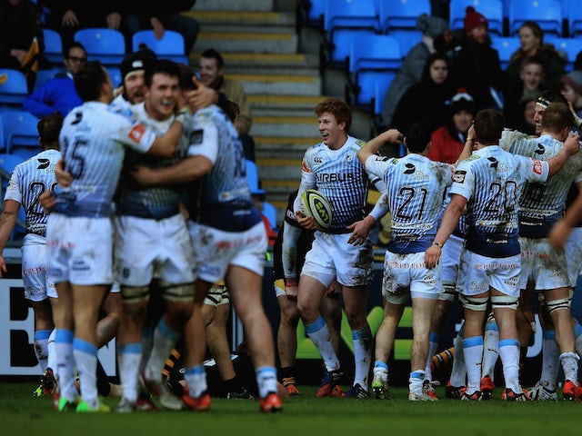 Cardiff Blues players celebrate their victory over Wasps during the LV= Cup match between Wasps and Cardiff Blues at Ricoh Arena on February 1, 2015 