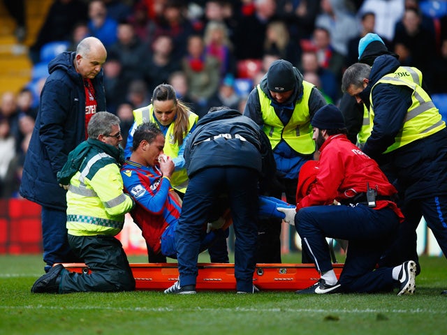 Marouane Chamakh of Crystal Palace is stretchered off during the Barclays Premier League match between Crystal Palace and Everton at Selhurst Park on January 31, 2015 