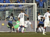 Daniele Dessena #16 of Cagliari Calcio scores their first goal during the Serie A match against Atalanta BC on February 1, 2015