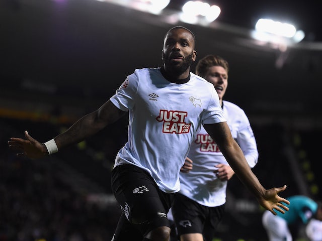 Darren Bent of Derby County celebrates scoring the opening goal during the Sky Bet Championship match against Blackburn Rovers on January 27, 2015