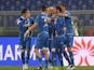 Massimo Maccarone with his teammates of Empoli FC celebrate after he scored the opening goal from penalty spot during the Serie A match between AS Roma and Empoli FC at Stadio Olimpico on January 31, 2015
