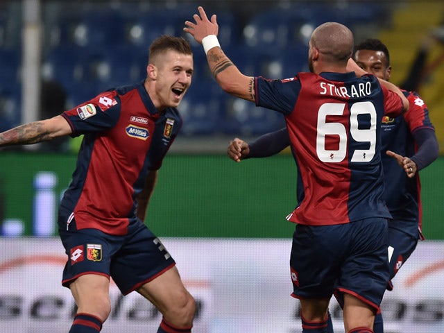 Stefano Sturaro of Genoa CFC celebrates after scoring the opening goal with team mate Juraj Kucka during the Serie A match between Genoa CFC and ACF Fiorentina at Stadio Luigi Ferraris on January 31, 2015