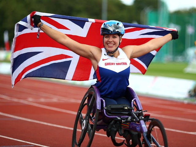 Hannah Cockroft of Great Britain celebrates after winning the womens 800m T34 final during day four of the IPC Athletics European Championships at Swansea University Sports Village on August 22, 2014