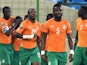 Ivory Coast's players celebrate after scoring a goal during the 2015 African Cup of Nations group D football match between Cameroon and Ivory Coast in Malabo on January 28, 2015