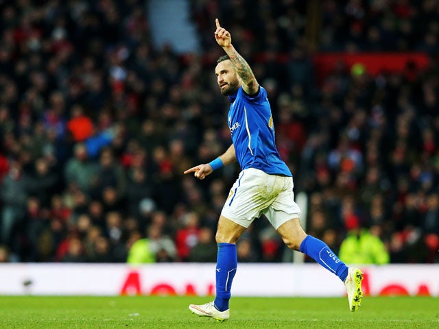 Marcin Wasilewski of Leicester City celebrates after scoring a goal during the Barclays Premier League match between Manchester United and Leicester City at Old Trafford on January 31, 2015