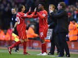 Daniel Sturridge of Liverpool comes on as a substitute for Lazar Markovic during the Barclays Premier League match between Liverpool and West Ham United at Anfield on January 31, 2015