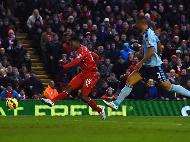 Daniel Sturridge of Liverpool scores his goal during the Barclays Premier League match between Liverpool and West Ham United at Anfield on January 31, 2015