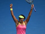 Madison Keys of the US celebrates winning her women's singles match against Venus Williams of the US on day ten of the 2015 Australian Open tennis tournament in Melbourne on January 28, 2015