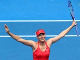 Maria Sharapova of Russia celebrates winning her semifinal match against Ekaterina Makarova of Russia during day 11 of the 2015 Australian Open at Melbourne Park on January 29, 2015