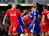 Martin Skrtel of Liverpool clashes with Diego Costa of Chelsea during the Capital One Cup Semi-Final second leg on January 27, 2015