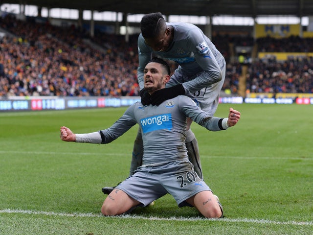 Remy Cabella of Newcastle United celebrates scoring the opening goal during the Barclays Premier League match between Hull City and Newcastle United at KC Stadium on January 31, 2015