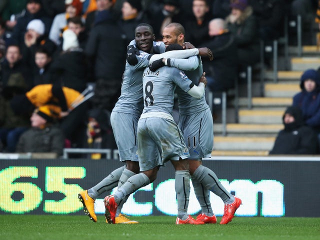 Yoan Gouffran of Newcastle United celebrates his goal with team mates during the Barclays Premier League match between Hull City and Newcastle United at KC Stadium on January 31, 2015 