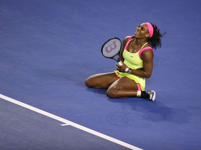 Serena Williams of the United States reacts to a point in her women's final match against Maria Sharapova of Russia during day 13 of the 2015 Australian Open at Melbourne Park on January 31, 2015