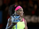 Serena Williams of the United States holds the Daphne Akhurst Memorial Cup after winning the women's final match against Maria Sharapova of Russia during day 13 of the 2015 Australian Open at Melbourne Park on January 31, 2015