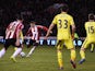 Che Adams of Sheffield United scores his second goal during the Capital One Cup Semi-Final Second Leg match between Sheffield United and Tottenham Hotspur at Bramall Lane on January 28, 2015