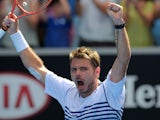 Switzerland's Stanislas Wawrinka celebrates after victory in his men's singles match against Spain's Guillermo Garcia-Lopez on day eight of the 2015 Australian Open tennis tournament in Melbourne on January 26, 2015