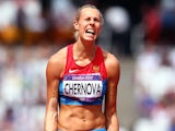 Tatyana Chernova of Russia reacts in the Women's Heptathlon Javelin Throw on Day 8 of the London 2012 Olympic Games at Olympic Stadium on August 4, 2012