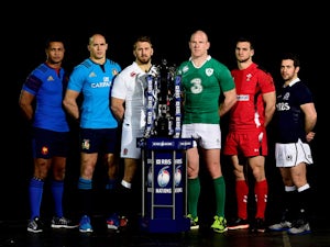 Thierry Dusautoir of France, Sergio Parisse of Italy, Chris Robshaw of England, Paul O'Connell of Ireland, Sam Warburton of Wales and Greig Laidlaw of Scotland pose with the trophy during the launch of the 2015 RBS Six Nations at the Hurlingham club on Ja