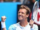 Tomas Berdych of the Czech Republic celebrates winning his quarterfinal match against Rafael Nadal of Spain during day nine of the 2015 Australian Open at Melbourne Park on January 27, 2015