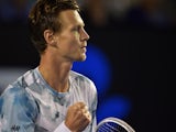 Czech Republic's Tomas Berdych celebrates winning the first set during his men's singles semi-final match against Britain's Andy Murray on day eleven of the 2015 Australian Open tennis tournament in Melbourne on January 29, 2015