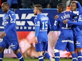 Bastia's Guinean forward Francois Kamano is congratulated by teammates after scoring a goal during the French L1 football match Bastia (SCB) vs Metz (FCM) on February 7, 2015