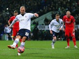 Eidur Gudjohnsen of Bolton Wanderers scores the opening goal from the penalty spot during the FA Cup Fourth round replay between Bolton Wanderers and Liverpool at Macron Stadium on February 4, 2015