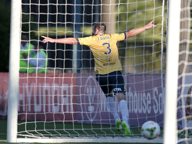 Josh Rose of the Mariners celebrates the winning goal during the round 16 A-League match between the Central Coast Mariners and Adelaide United at Central Coast Stadium on February 7, 2015 