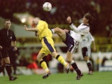Martin Grainger of Birmingham City is challenged by Darren Anderton of Tottenham Hotspur during the Worthington Cup third round match at White Hart Lane in London on October 31, 2000