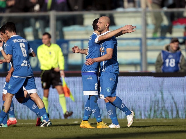 Empoli FC players celebrate a goal scored by Massimo Maccarone during the Serie A match between Empoli FC and AC Cesena at Stadio Carlo Castellani on February 8, 2015