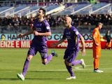 Jose' Basanta with his teammate Borja Valero of ACF Fiorentina celebrates after scoring the first team's goal during the Serie A match between ACF Fiorentina and Atalanta BC at Stadio Artemio Franchi on February 8, 2015