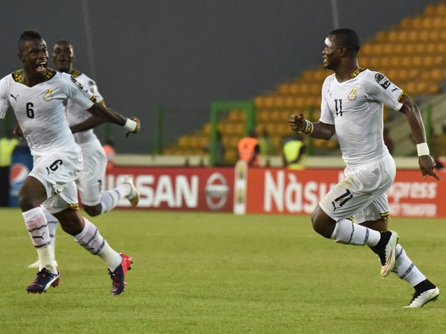 Ghana's midfielder Mubarak Wakaso celebrates after scoring a goal during the 2015 African Cup of Nations semi-final football match between Equatorial Guinea and Ghana in Malabo, on February 5, 2015