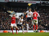 Harry Kane of Tottenham Hotspur heads the winning goal during the Barclays Premier League match against Arsenal at White Hart Lane on February 7, 2015