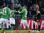 Saint-Etienne's Cameroonian forward Landry N'Guemo celebrates with St Etienne's French midfielder Fabien Lemoine after scoring a goal during the French L1 football match AS Saint-Etienne (ASSE) vs Racing Club Lens (RCL) on February 6, 2015