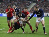 Stuart Hogg of Scotland is stopped short of the try line during the RBS Six Nations match between France and Scotland at Stade de France on February 7, 2015