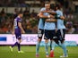 Marc Janko, Milos Dimitrijevic and Alex Brosque of Sydney celebrate a goal during the round 16 A-League match between the Perth Glory and Sydney FC at nib Stadium on February 7, 2015
