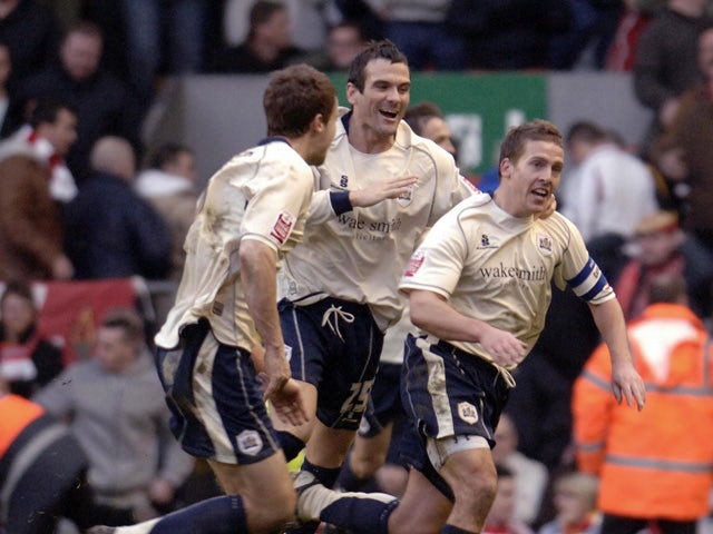 Barnsley's Brian Howard celebrates after scoring in the final minute of extra time to give his team victory over Liverpool during FA cup match at Anfield, in Liverpool, on February 16, 2008