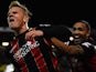 Matt Ritchie of Bournemouth celebrates with Callum Wilson as he scores their first goal during the Sky Bet Championship match between AFC Bournemouth and Derby County at Goldsands Stadium on February 10, 2015