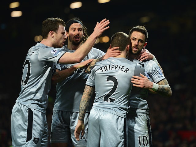 Danny Ings (R) of Burnley celebrates his goal with team mates during the Barclays Premier League match against Manchester United on February 11, 2015