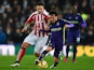 David Silva of Manchester City battles for the ball with Marko Arnautovic of Stoke City during the Barclays Premier League match on February 11, 2015