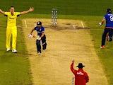 Umpire Aleem Dar (bottom) raises his finger to give England's batsman James Taylor (L) out lbw out as James Anderson (R) fails to gain his ground and later declared run out during the Pool A 2015 Cricket World Cup match between Australia and England at th