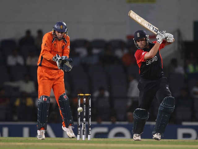 Jonathan Trott of England hits out during the 2011 ICC World Cup Group B match between England and Netherlands at Vidarbha Cricket Association Ground on February 22, 2011