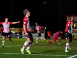 David Wheeler of Exeter City celebrates scoring his side's second goal during the Sky Bet League Two match between Exeter City and Cambridge United at St. James Park on February 10, 2015 