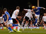 Daryl Murphy of Ipswich Town heads the ball to score his team's first goal during the Sky Bet Championship match between Fulham and Ipswich Town at Craven Cottage on February 14, 2015
