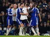 Tempers flare between James McCarthy of Everton and Branislav Ivanovic of Chelsea during the Barclays Premier League match on February 11, 2015