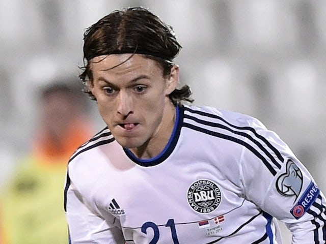 Denmark's midfielder Lasse Vibe controls the ball during the UEFA Euro 2016 group I football match between Serbia and Denmark in Belgrade on November 14, 2014