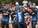 Dan Vettori of New Zealand celebrates after taking a catch during the 2015 ICC Cricket World Cup match between Sri Lanka and New Zealand at Hagley Oval on February 14, 2015