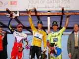 Alexander Kristoff (3rd) of Norway and Team Katusha, Niki Terpstra (1st) of The Netherlands and Etixx - Quick-Step and Maciej Bodnar (2nd) of Poland and Tinkoff-Saxo after stage six of the 2015 Tour of Qatar, a 113.5km road stage from Sealine Beach Resort