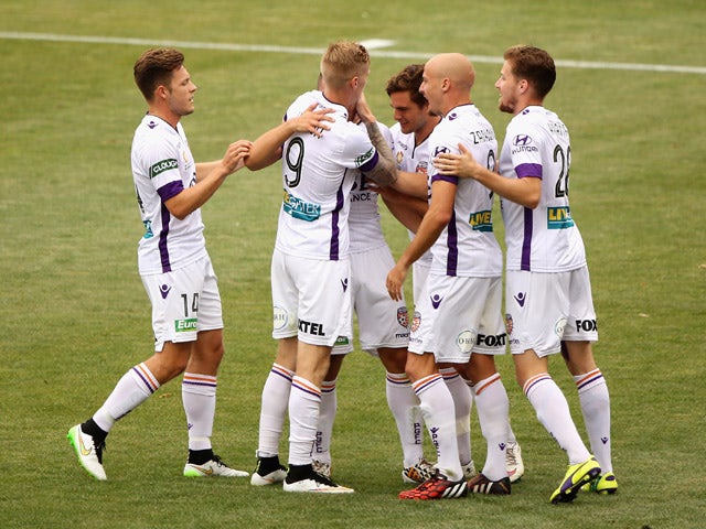 Perth Glory players celebrate after scoring during round 17 A-League match between Adelaide United and Perth Glory at Coopers Stadium on February 15, 2015