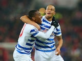 Bobby Zamora of QPR celebrates scoring their second goal with Leroy Fer of QPR during the Barclays Premier League match between Sunderland and Queens Park Rangers at Stadium of Light on February 10, 2015 